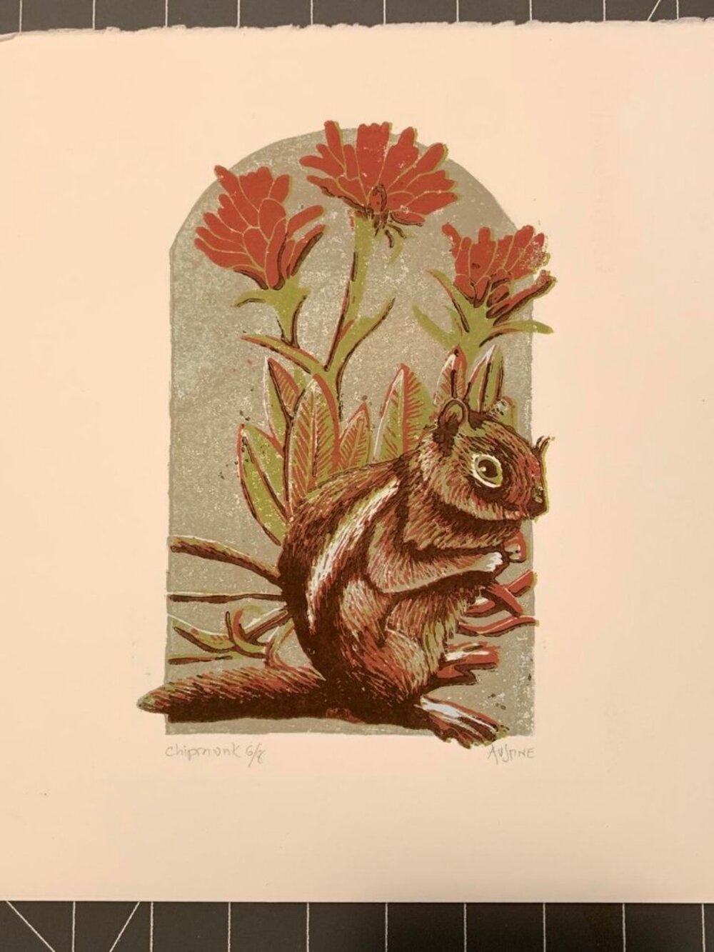 Maui Jim Chipmunk Signed and Numbered by Austine Wood-Comarow 6 of 8 Woodcut